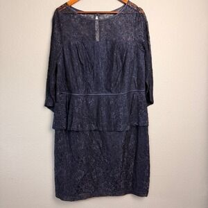 Adrianna Papell Navy 16W Lace Peplum Tiered Dress Cocktail Wedding Mother Bride